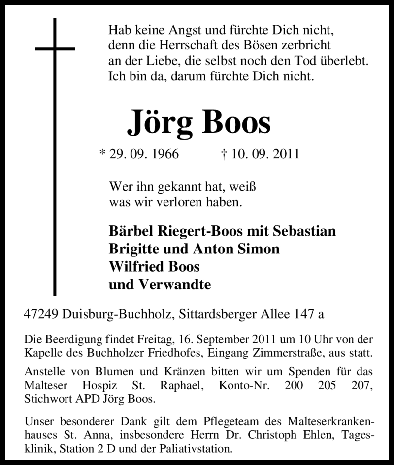  Traueranzeige für Jörg Boos vom 13.09.2011 aus Tageszeitung
