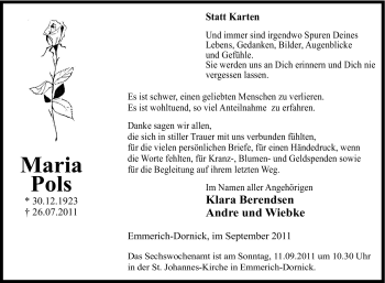 Traueranzeige von Maria Pols von Tageszeitung
