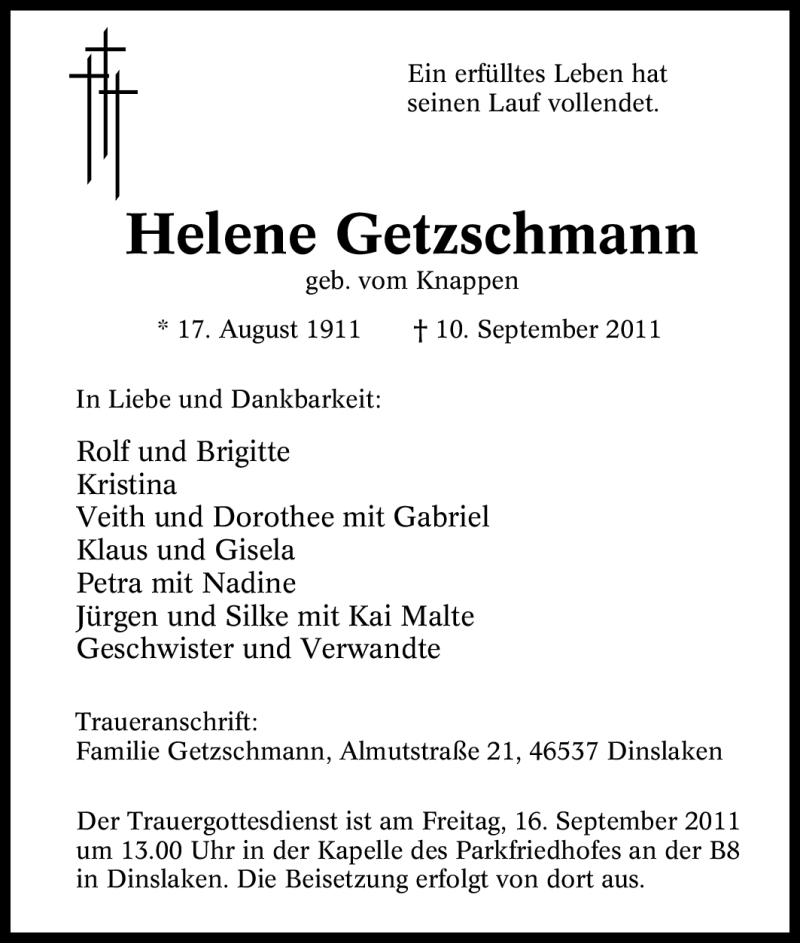 Traueranzeigen von Helene Getzschmann | Trauer-in-NRW.de
