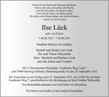 Traueranzeige von Ilse Lück von Tageszeitung