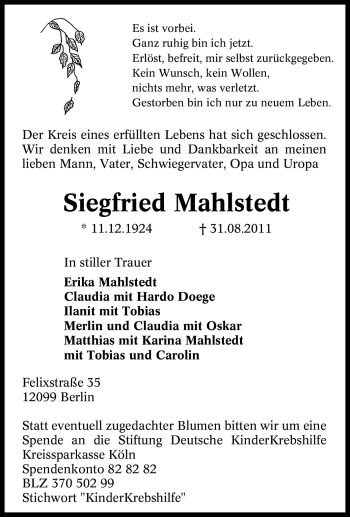 Traueranzeige von Siegfried Mahlstedt von Tageszeitung
