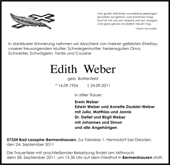 Traueranzeige von Edith Weber von Tageszeitung