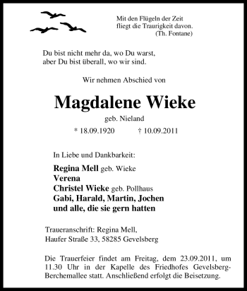 Traueranzeige von Magdalene Wieke von Tageszeitung