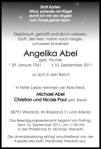 Traueranzeige von Angelika Abel von Tageszeitung