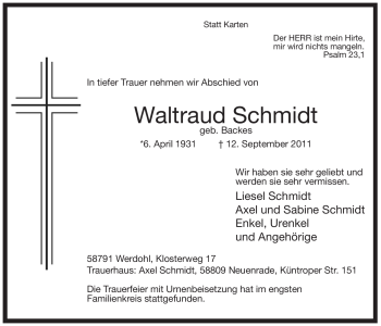 Traueranzeige von Waltraud Schmidt von Tageszeitung