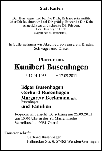 Traueranzeige von Kunibert Busenhagen von Tageszeitung