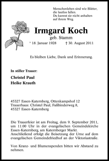 Traueranzeige von Irmgard Koch von Tageszeitung