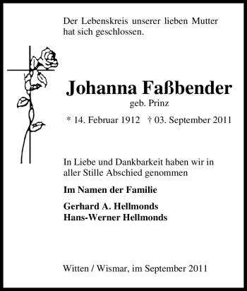Traueranzeige von Johanna Faßbender von Tageszeitung