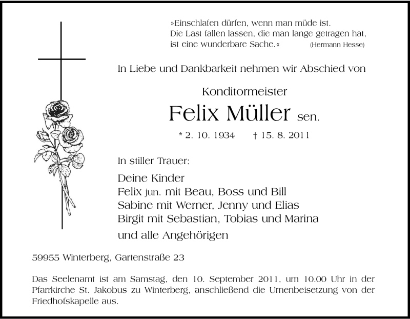  Traueranzeige für Felix Müller vom 05.09.2011 aus Tageszeitung