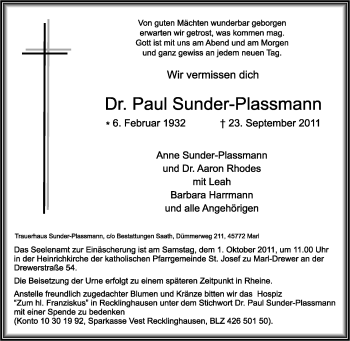 Traueranzeige von Paul Sunder-Plassmann von Tageszeitung