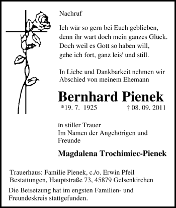 Traueranzeige von Bernhard Pienek von Tageszeitung