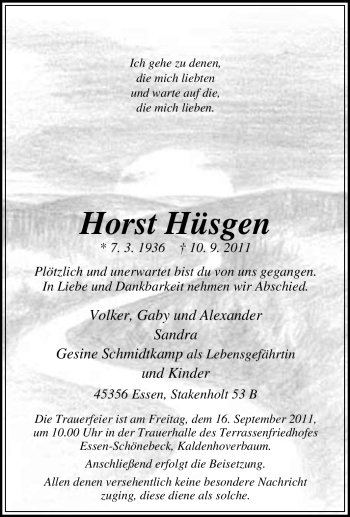 Traueranzeige von Horst Hüsgen von Tageszeitung