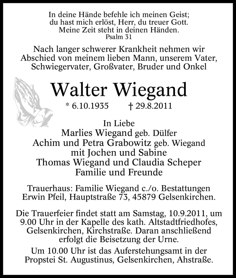  Traueranzeige für Walter Wiegand vom 05.09.2011 aus Tageszeitung