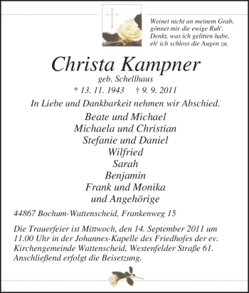 Traueranzeige von Christa Kampner von Tageszeitung