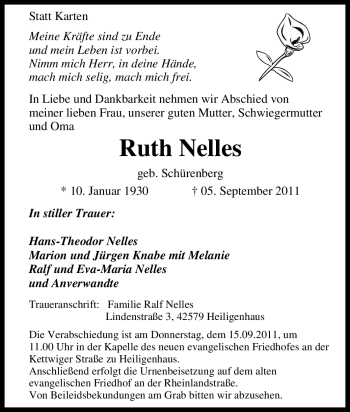 Traueranzeige von Ruth Nelles von Tageszeitung