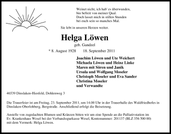 Traueranzeige von Helga Löwen von Tageszeitung