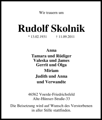 Traueranzeige von Rudolf Skolnik von Tageszeitung