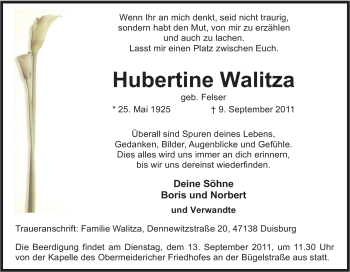 Traueranzeige von Hubertine Walitza von Tageszeitung
