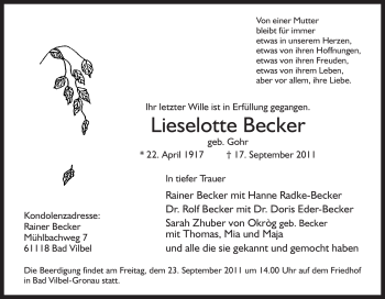 Traueranzeige von Lieselotte Becker von Tageszeitung