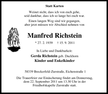 Traueranzeige von Manfred Richstein von Tageszeitung
