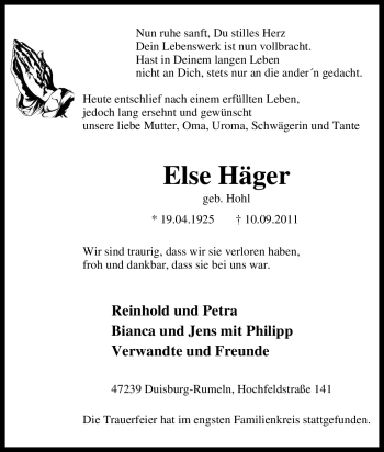Traueranzeige von Else Häger von Tageszeitung