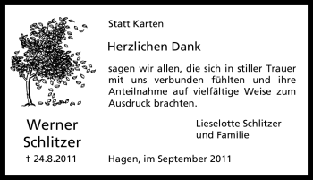 Traueranzeige von Werner Schlitzer von Tageszeitung