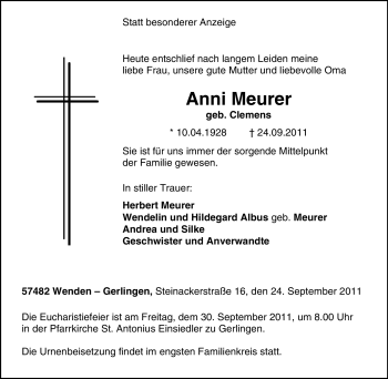 Traueranzeige von Anni Meurer von Tageszeitung