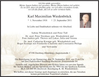Traueranzeige von Karl Maximilian Wiedenbrück von Tageszeitung