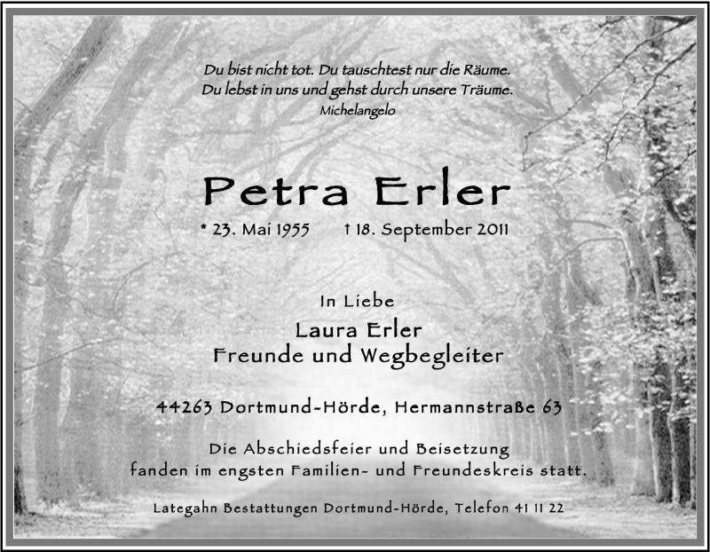  Traueranzeige für Petra Erler vom 24.09.2011 aus Tageszeitung