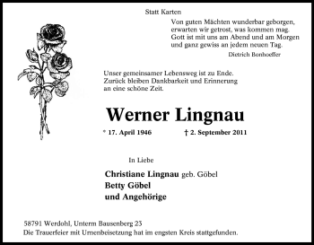 Traueranzeige von Werner Lingnau von Tageszeitung