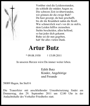Traueranzeige von Artur Butz von Tageszeitung