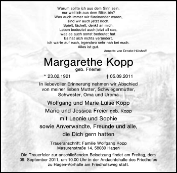 Traueranzeige von Margarethe Kopp von Tageszeitung