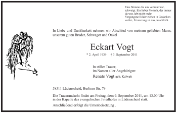 Traueranzeige von Eckart Vogt von Tageszeitung