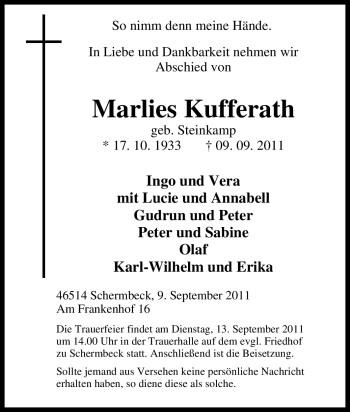 Traueranzeige von Marlies Kufferath von Tageszeitung