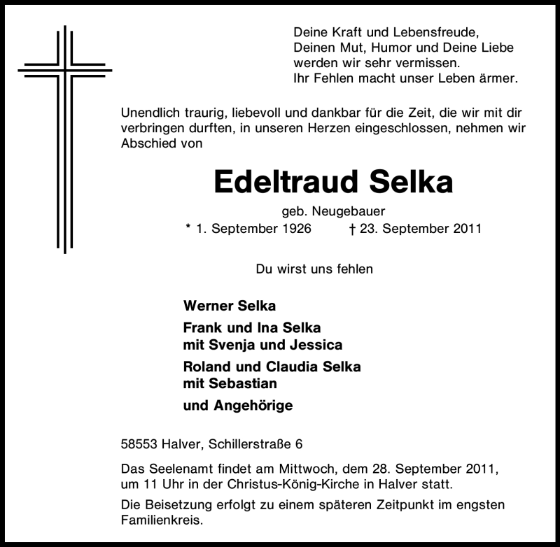  Traueranzeige für Edeltraud Selka vom 26.09.2011 aus Tageszeitung