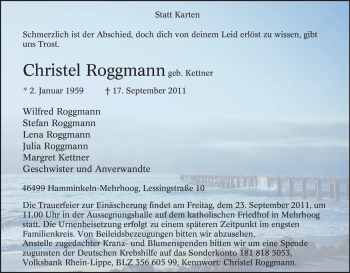 Traueranzeige von Christel Roggmann von Tageszeitung