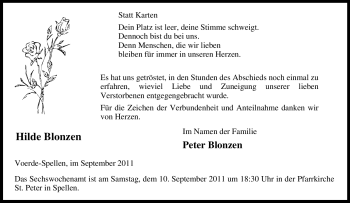 Traueranzeige von Hilde Blonzen von Tageszeitung