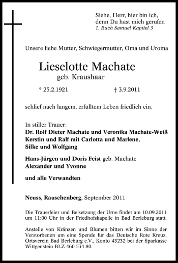Traueranzeige von Lieselotte Machate von Tageszeitung