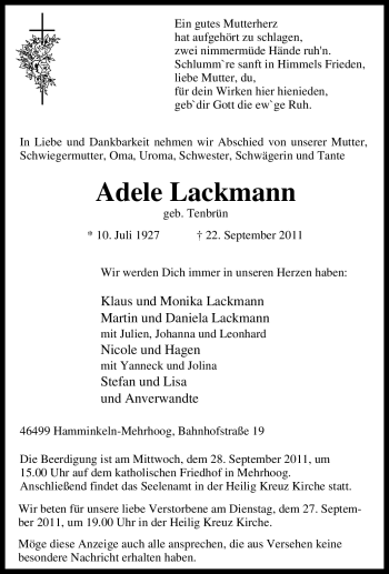 Traueranzeige von Adele Lackmann von Tageszeitung