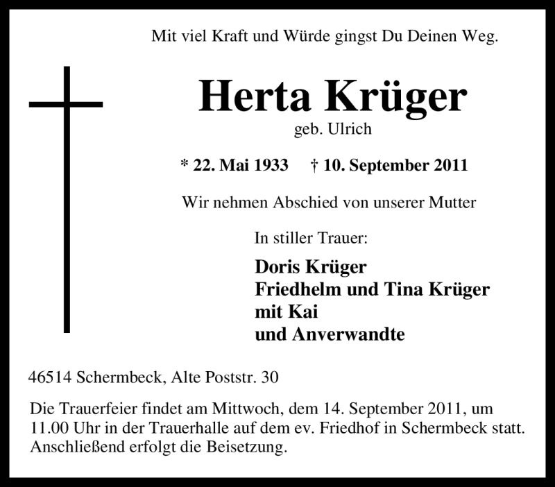  Traueranzeige für Herta Krüger vom 12.09.2011 aus Tageszeitung