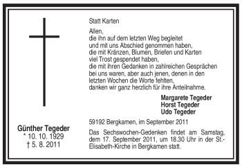 Traueranzeige von Günther Tegeder von Tageszeitung