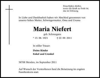 Traueranzeige von Maria Niefert von Tageszeitung