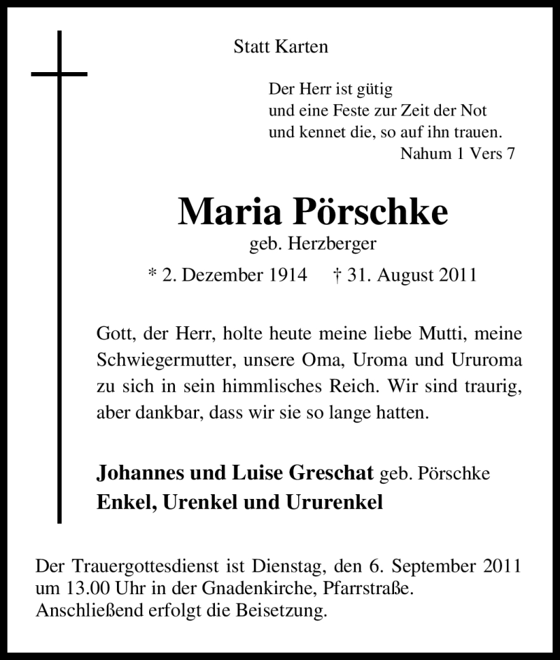 Traueranzeigen von Maria Pörschke TrauerinNRW.de
