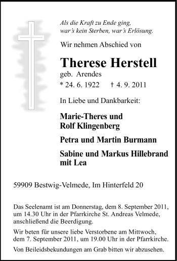 Traueranzeige von Therese Herstell von Tageszeitung