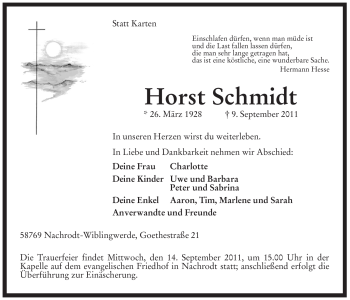 Traueranzeige von Horst Schmidt von Tageszeitung