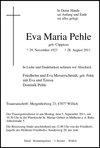 Traueranzeige von Eva Maria Pehle von Tageszeitung