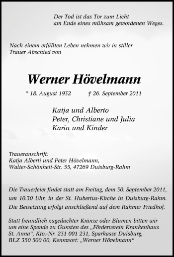 Traueranzeige von Werner Hövelmann von Tageszeitung