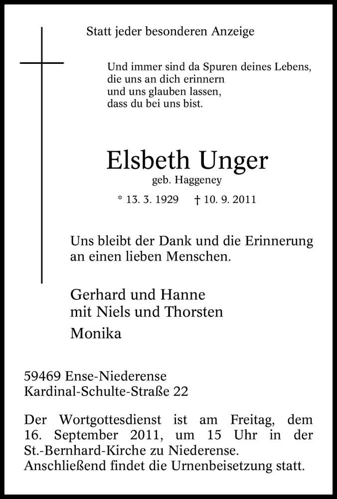  Traueranzeige für Elsbeth Unger vom 12.09.2011 aus Tageszeitung