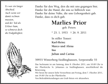 Traueranzeige von Marlies Prior von Tageszeitung