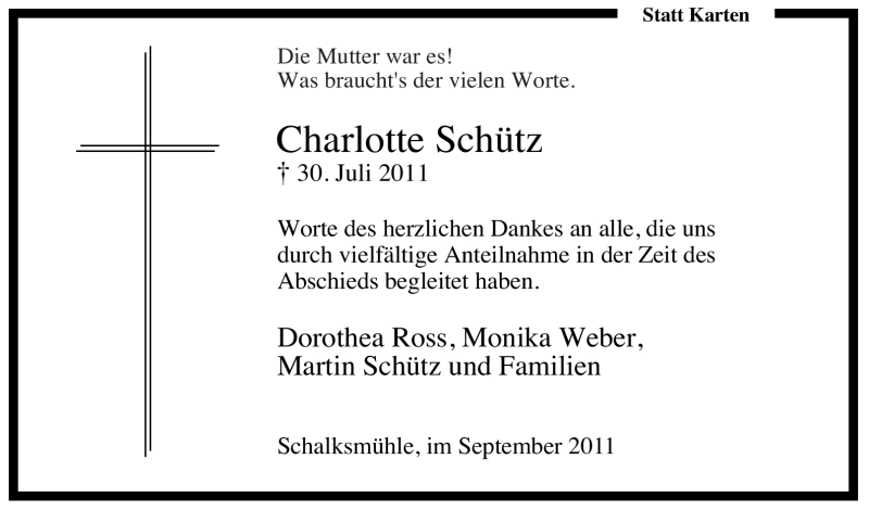  Traueranzeige für Charlotte Schütz vom 23.09.2011 aus Tageszeitung